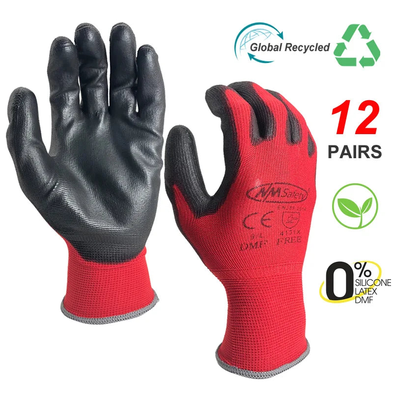 12 Pairs PU-Coated Nylon Safety Work Gloves – Breathable & Durable