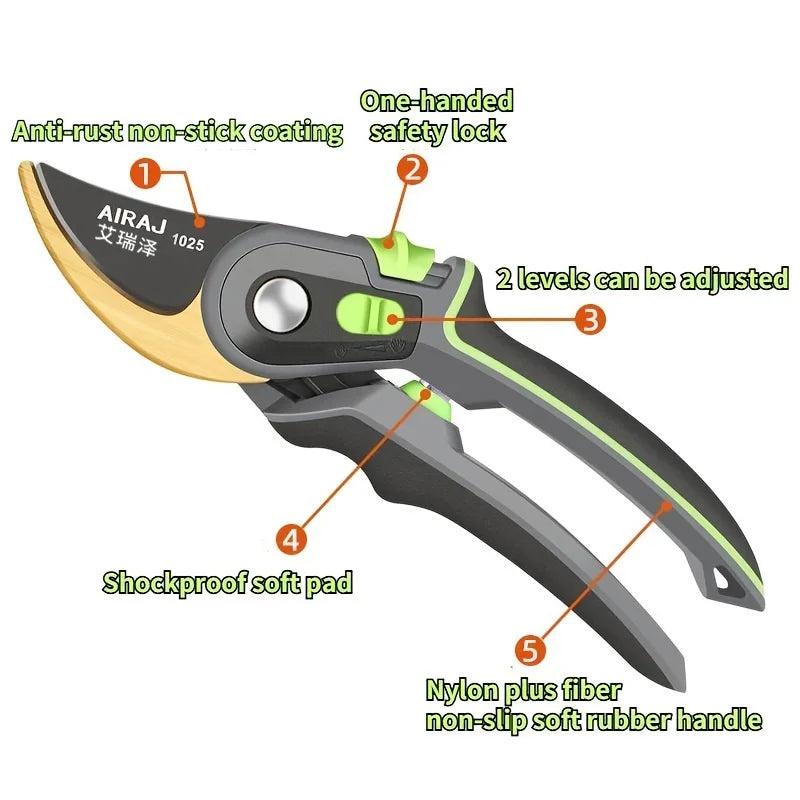 AIRAJ Industrial Pruning Shears – Sharp Bypass Blade, Non-Slip Ergonomic Handle