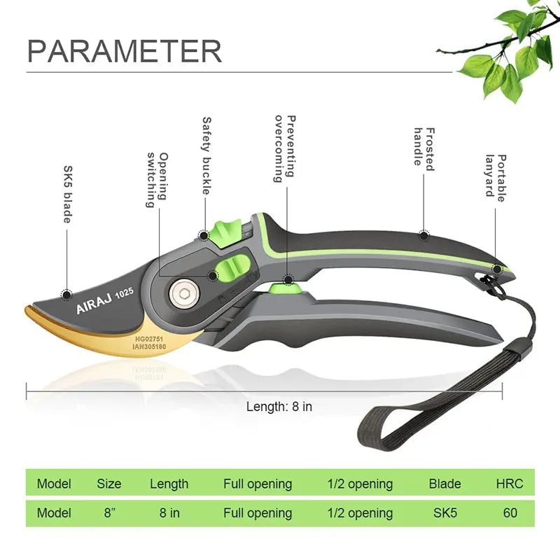 AIRAJ Industrial Pruning Shears – Sharp Bypass Blade, Non-Slip Ergonomic Handle