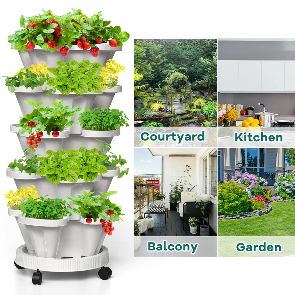 5-Tier Stackable Vertical Planter with Wheels for Herbs & Vegetables