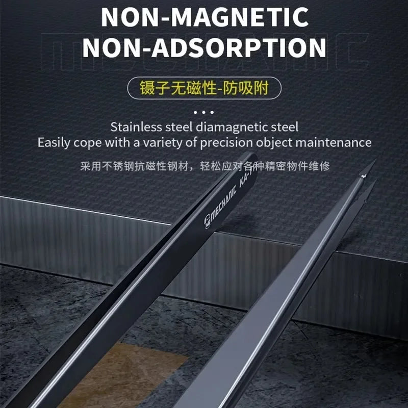 MECHANIC KA-11 Stainless Steel Precision Tweezers — Anti-Corrosion, Anti-Static, Heat-Resistant for Chip Repair & Fine Clamping