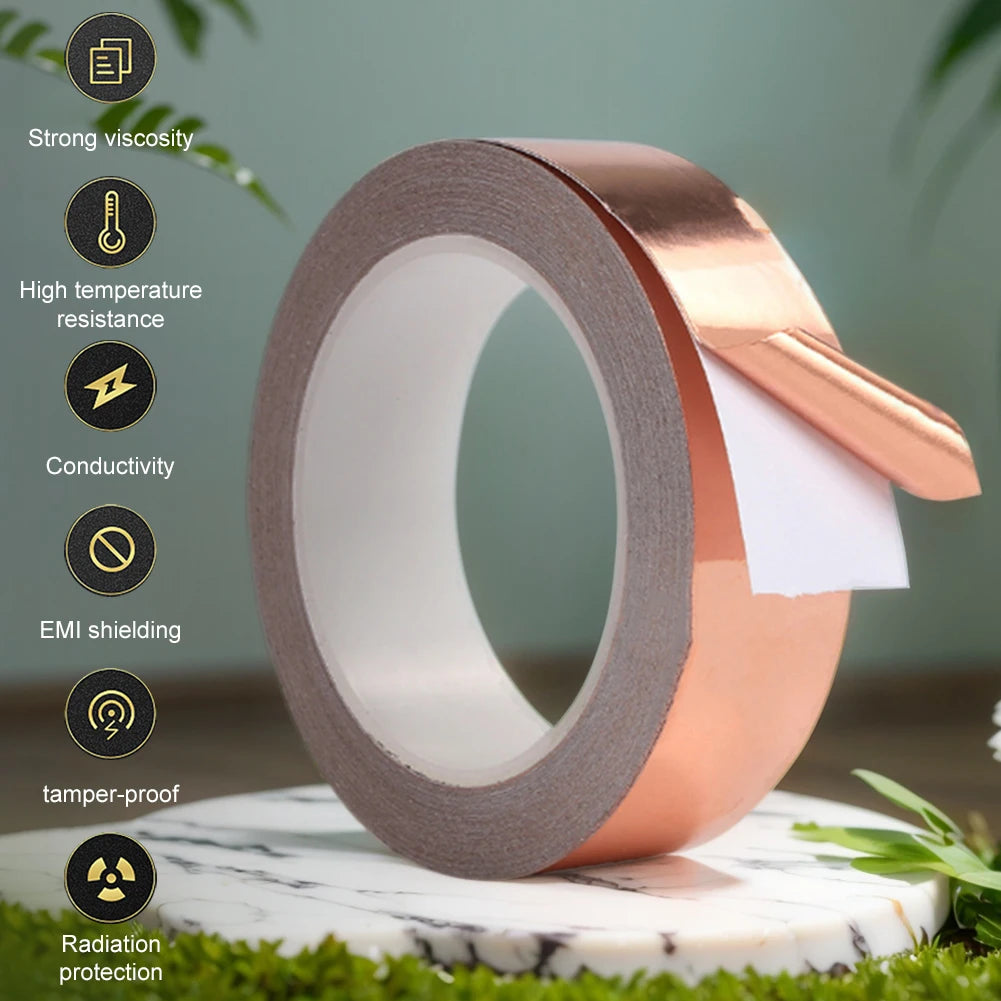 Copper Foil Snail Repellent Tape — Single/Double-Sided Conductive EMI Shielding Tape for Circuits, Stained Glass & Plant Protection