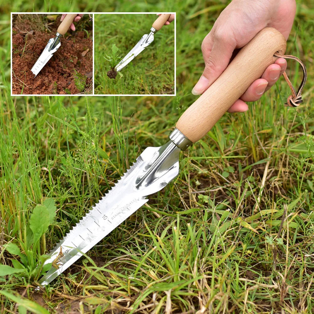 Stainless Steel Weed Puller – Crack Weeder Tool with Wooden Handle