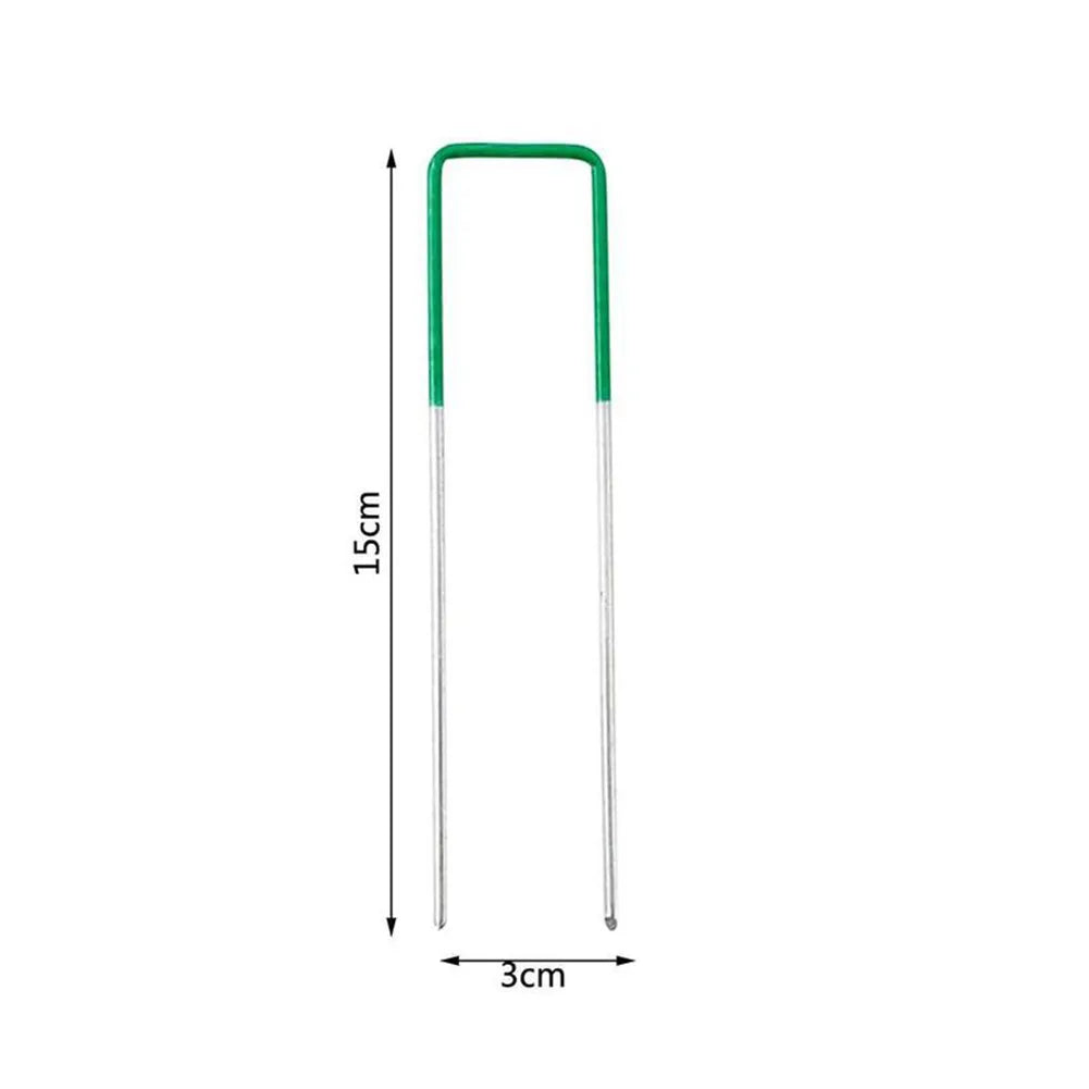 10PCS 150x30x3mm Green Carbon Steel U-Shaped Garden Nails – Ground Pegs for Shade Nets, Insect Nets & Fabrics