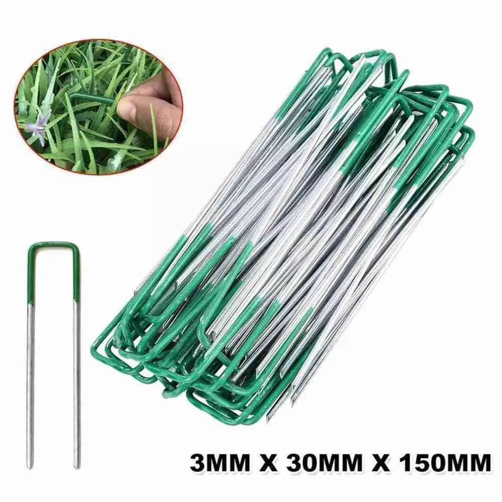 10PCS 150x30x3mm Green Carbon Steel U-Shaped Garden Nails – Ground Pegs for Shade Nets, Insect Nets & Fabrics