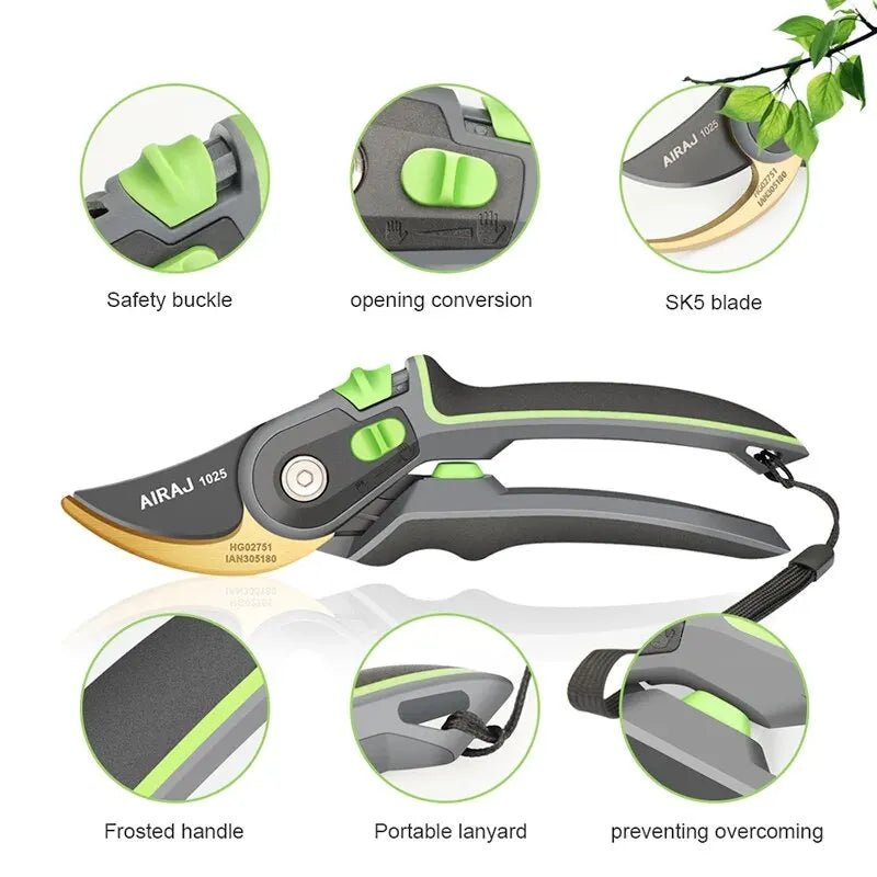 AIRAJ 8-Inch Bypass Pruning Shears — SK5 Steel Blade, PTFE Coated, Ergonomic Garden Scissors for Branches & Flowers