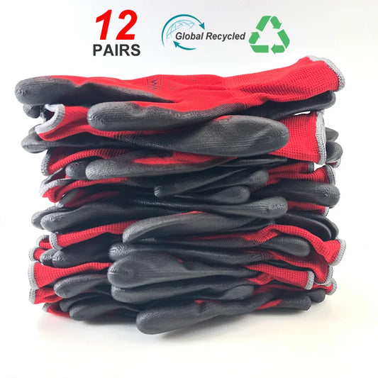 12 Pairs PU-Coated Nylon Safety Work Gloves – Breathable & Durable