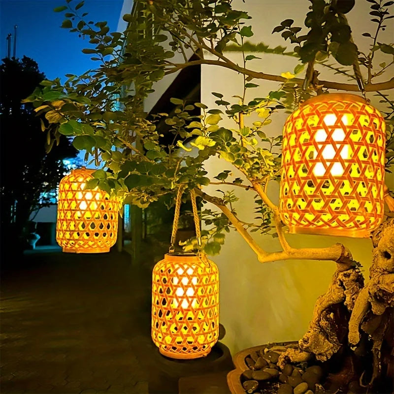 Solar Hanging Bamboo-Style Lantern – Waterproof Outdoor Rattan Light for Garden & Courtyard Decoration