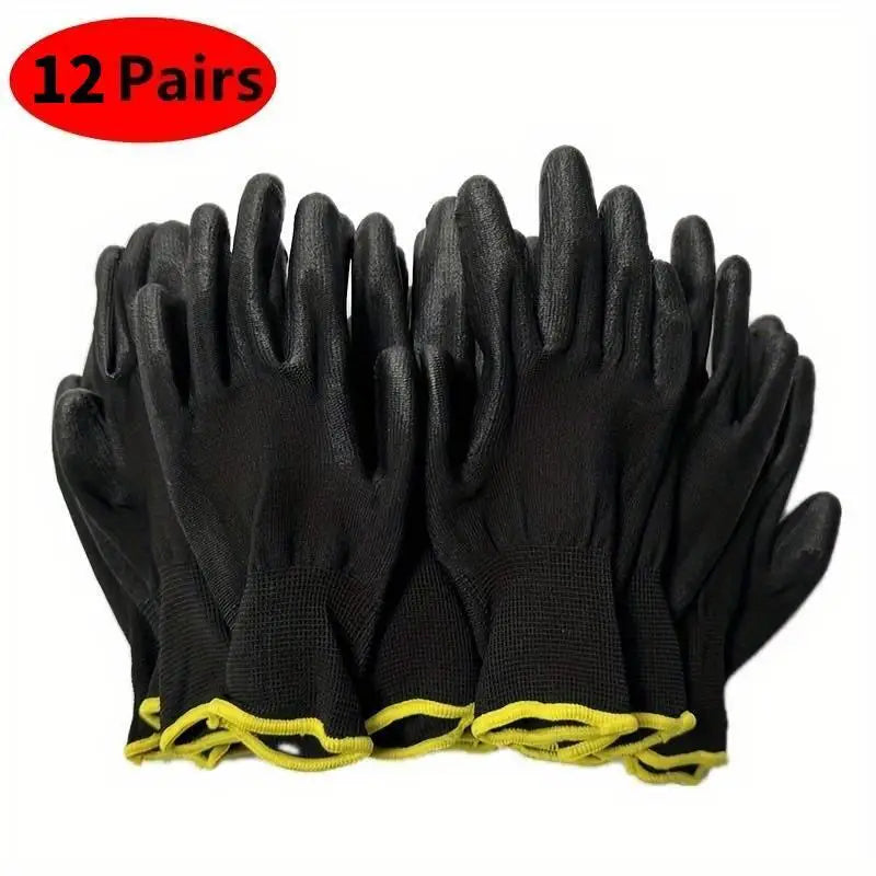 12 Pairs PU-Coated Work Gloves – Non-Slip Safety Gloves (Black/Grey)