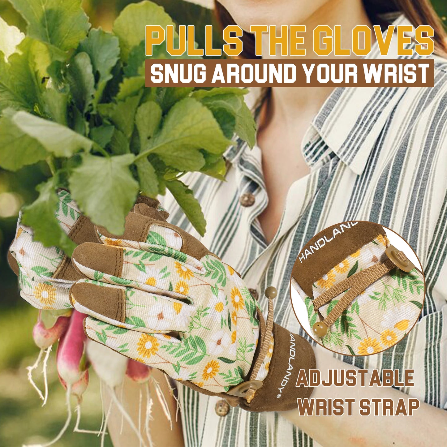 HANDLANDY Women’s Gardening Gloves — Breathable Leather Yard Gloves with Adjustable Wrist Strap