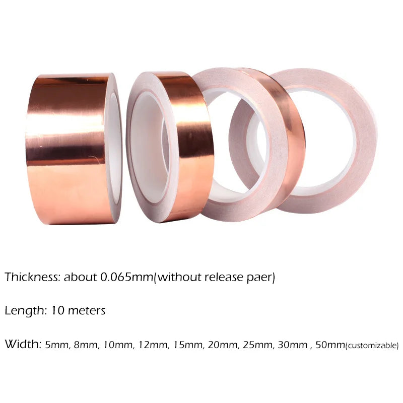 Single-Sided Conductive Copper Foil Tape — 10M EMI Shielding & DIY Tape for Stained Glass, Electronics, and Snail Repellent (5mm–50mm)
