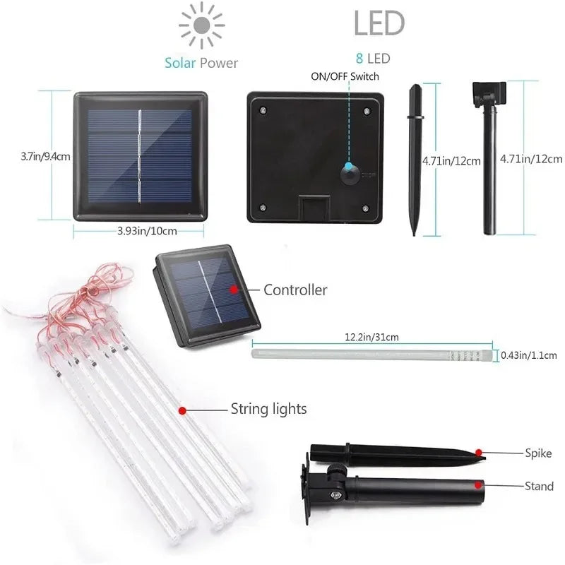 Solar Meteor Shower String Lights – 8 Tubes Waterproof Garden Decor