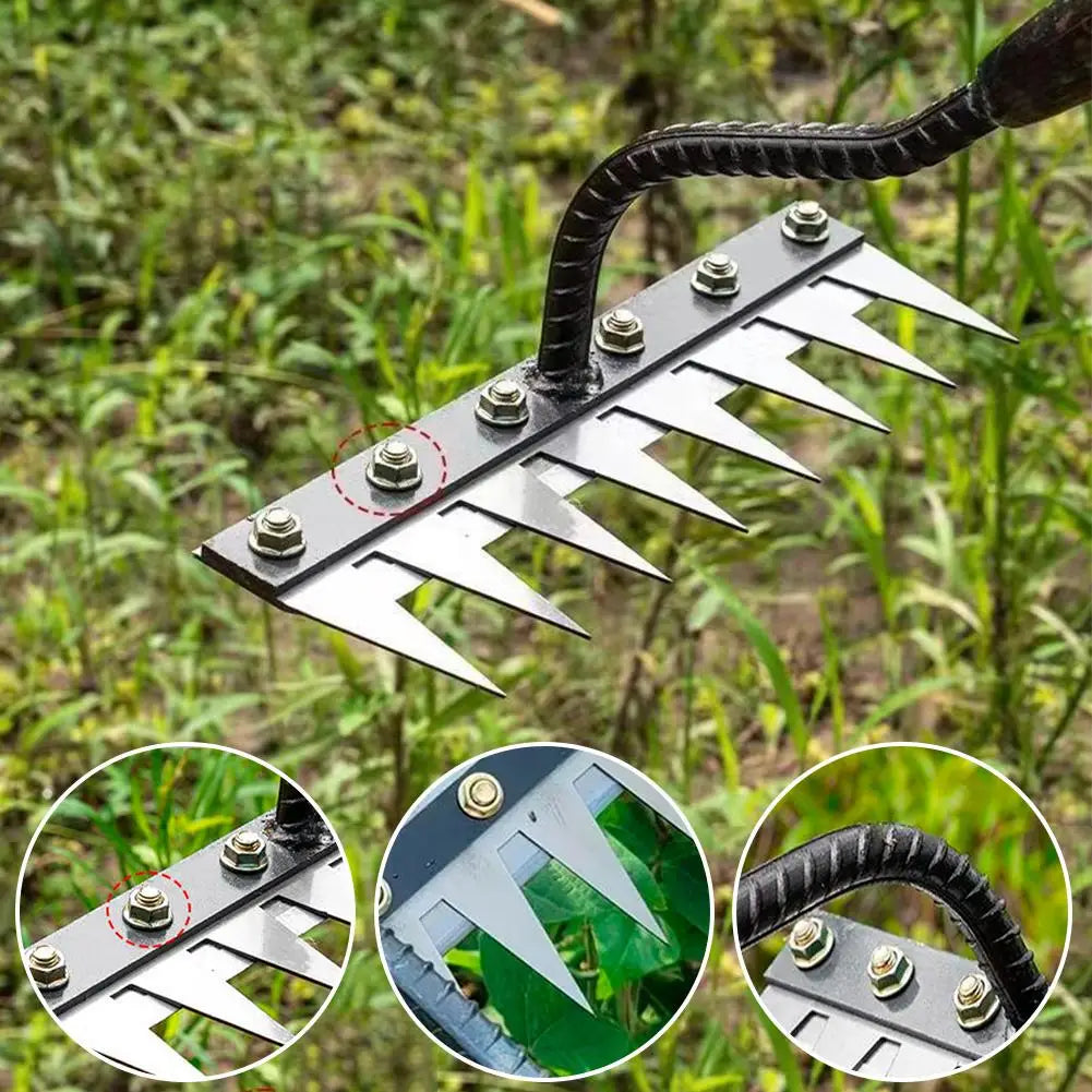 8-Tooth Carbon Steel Garden Weeding Rake — Heavy-Duty Digging & Planting Tool with Ergonomic Grip