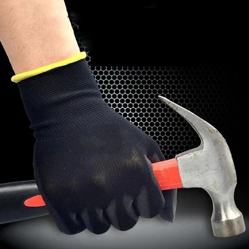 12 Pairs PU-Coated Work Gloves – Black/Grey Safety & Repair Gloves