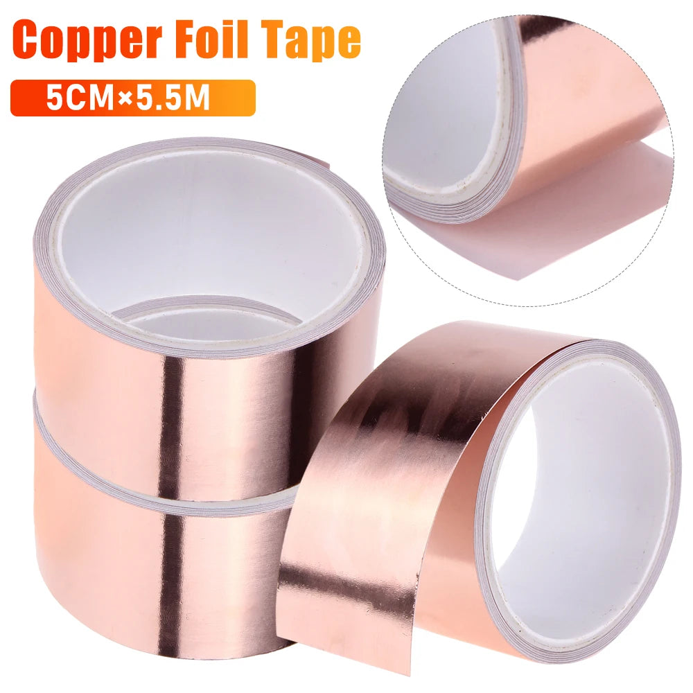 50mm x 5.5m Double-Sided Conductive Copper Foil Tape — EMI Shielding, Slug Repellent & DIY Use (99.98% Pure Copper)