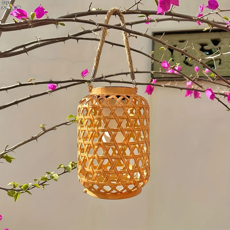 Solar Hanging Bamboo-Style Lantern – Waterproof Outdoor Rattan Light for Garden & Courtyard Decoration