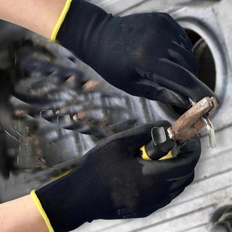 12 Pairs PU-Coated Work Gloves – Black/Grey Safety & Repair Gloves