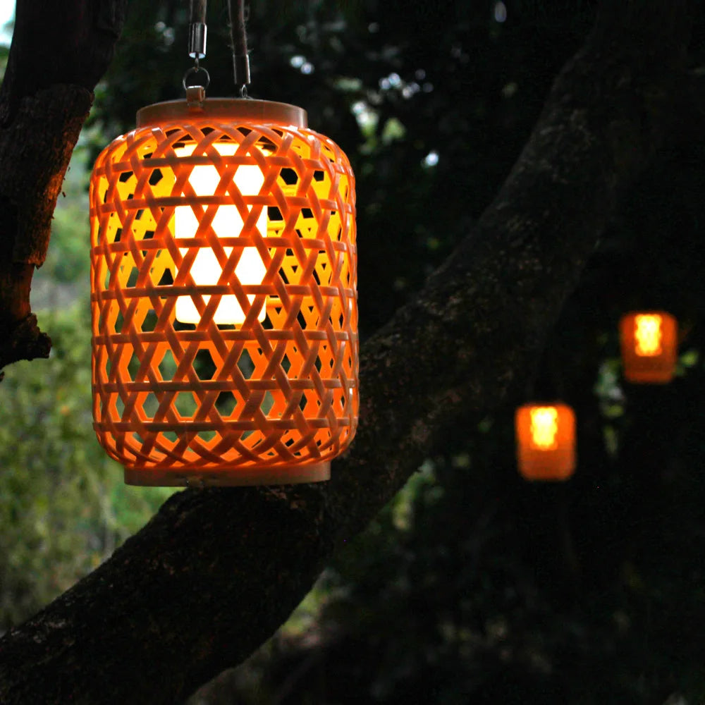 Solar Hanging Bamboo-Style Lantern – Waterproof Outdoor Rattan Light for Garden & Courtyard Decoration