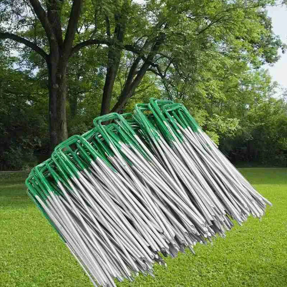 10PCS 150x30x3mm Green Carbon Steel U-Shaped Garden Nails – Ground Pegs for Shade Nets, Insect Nets & Fabrics