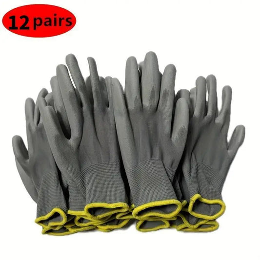 12 Pairs PU-Coated Work Gloves – Non-Slip Safety Gloves (Black/Grey)