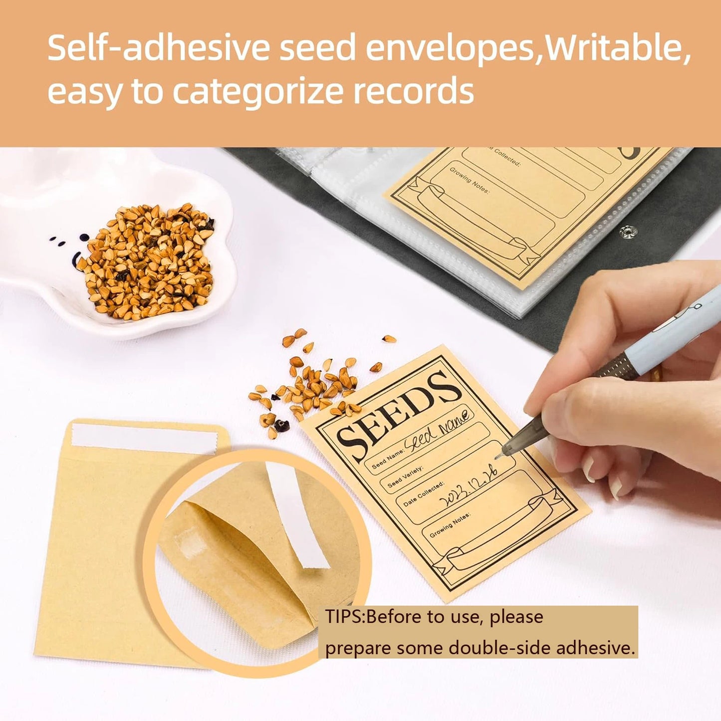 Garden Seed Storage Organizer Set — Binder with 50 Self-Sealing Seed Envelopes for Seed Packet Organization