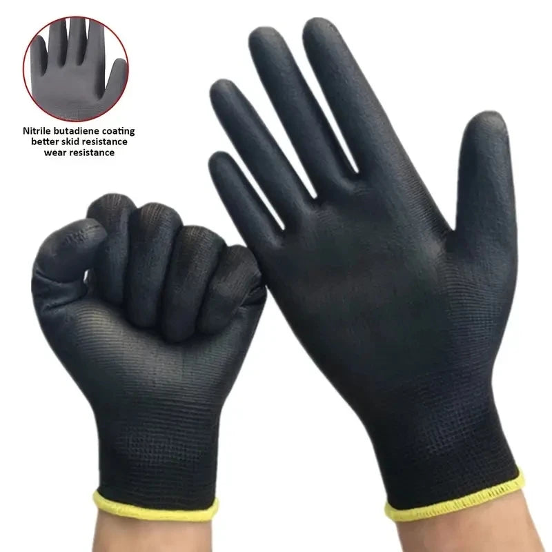 12 Pairs PU-Coated Work Gloves – Black/Grey Safety & Repair Gloves