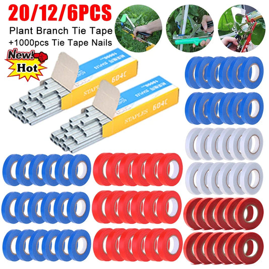 6-20pcs PVC Plant Tie Tape with Staples — Branch Tying Tape for Garden Tools & Tying Machines (Vegetables, Vines, Fruit Trees)