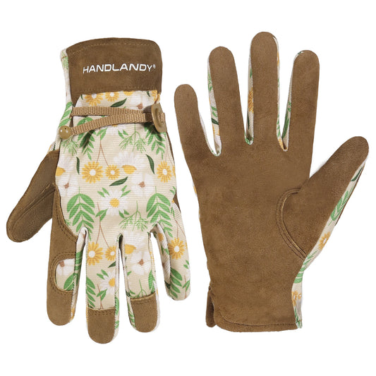 HANDLANDY Women’s Gardening Gloves — Breathable Leather Yard Gloves with Adjustable Wrist Strap