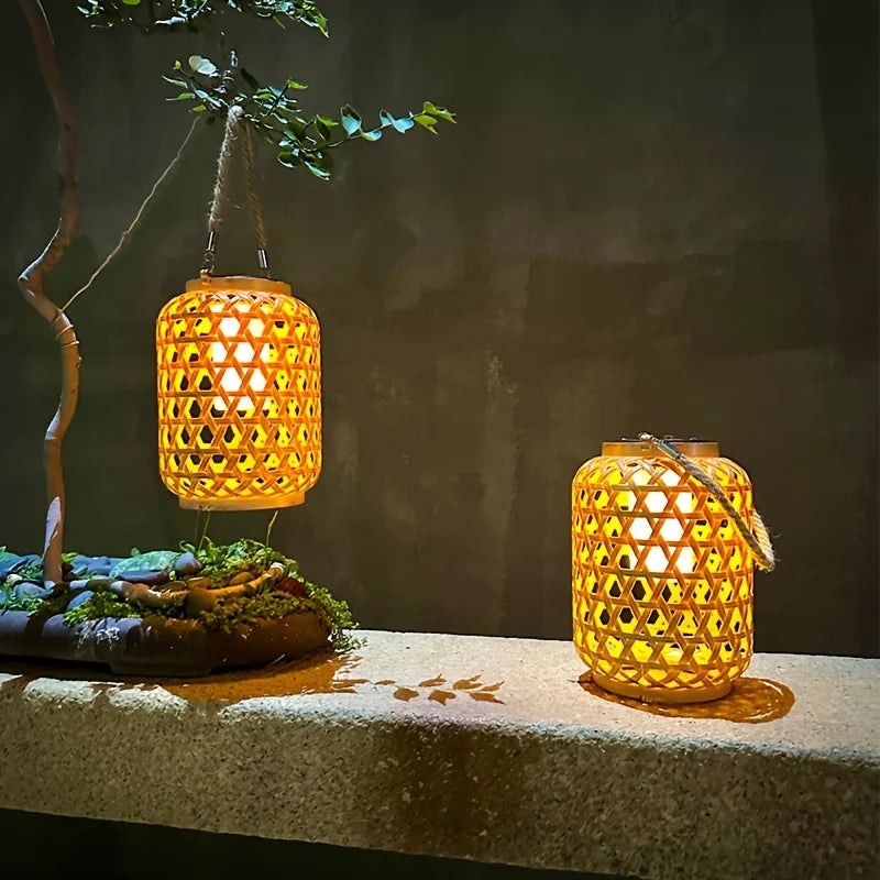 Solar Hanging Bamboo-Style Lantern – Waterproof Outdoor Rattan Light for Garden & Courtyard Decoration